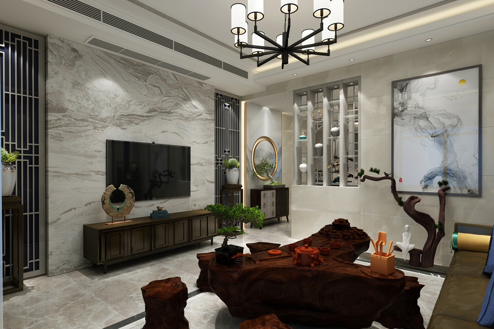 梧州市博愛新苑新中式風(fēng)格三居室裝修案例